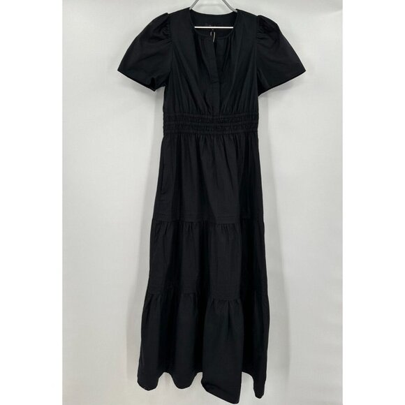 Quince Black Organic Cotton Tiered Maxi Dress sz S Women's Pockets Poplin Fabric - Picture 2 of 7
